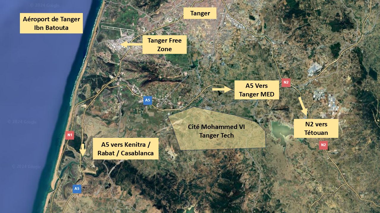 Délimitation approximative de la Cité Mohammed VI Tanger Tech